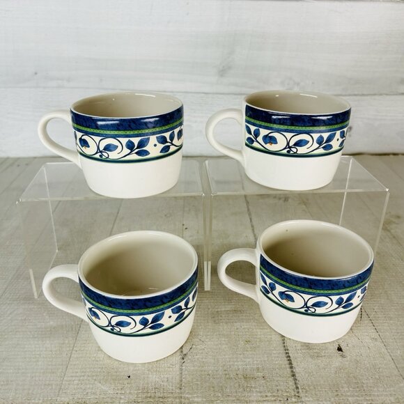 Pfaltzgraff ORLEANS Blue Green Vines Yellow Stoneware Flat 8oz Cups Mugs Set 4 - Picture 5 of 16